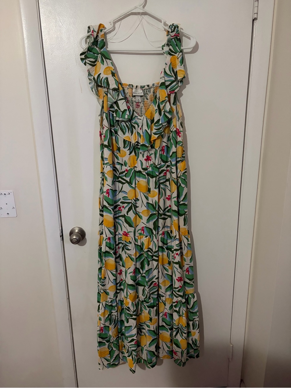 Ava & Viv White Lemon-Print Ruffle Maxi Dress with Green Leaves Plus Size